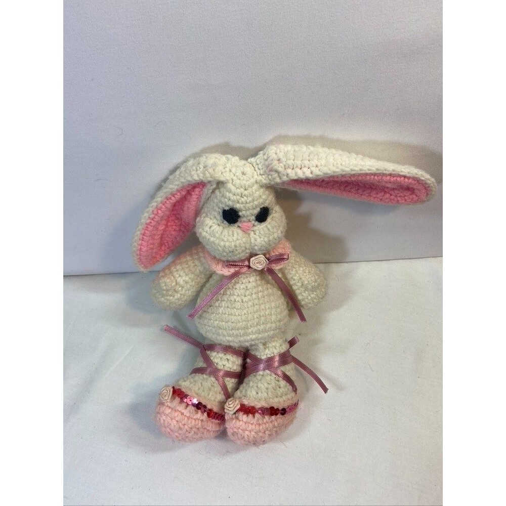 HANDE MADE CROCHET WHITE BUNNY RABBIT 10" PLUSH STUFF ANIMAL RIBBONS